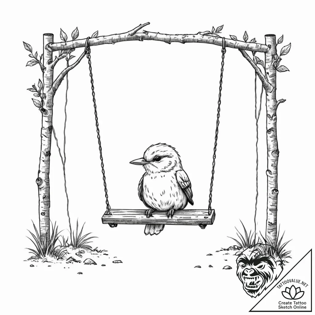 A whimsical bird on a swing set, playful,, in... - tattoo sketch (№1753286254_0, 23.07.2025 15:57) — tattoovalue.net