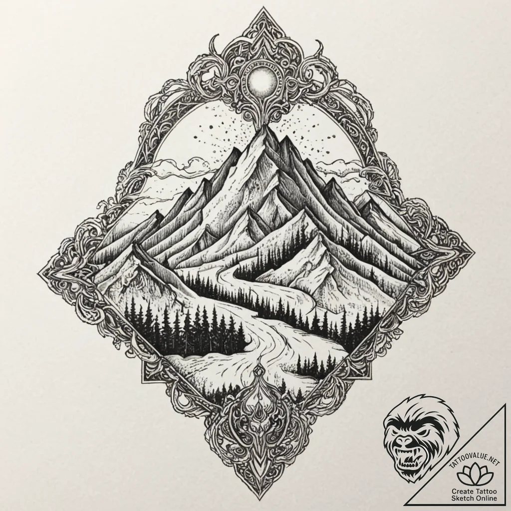 Volcano, dormant, symbolizing immense power h... - tattoo sketch (№1753286342_0, 23.07.2025 15:59) — tattoovalue.net
