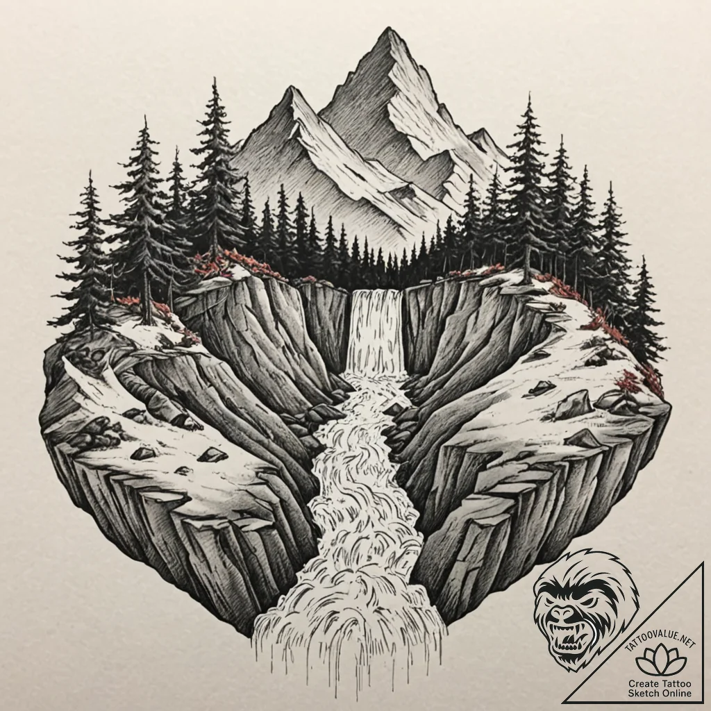 An active waterfall cascading into a pristine... - tattoo sketch (№1753286428_0, 23.07.2025 16:00) — tattoovalue.net