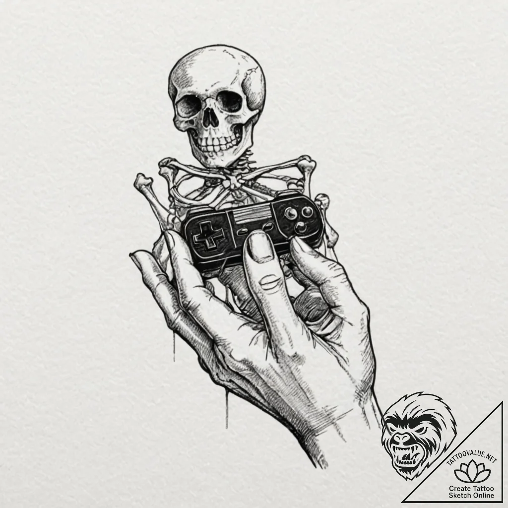 Skeleton hand holding a game controller, arti... - tattoo sketch (№1753286512_0, 23.07.2025 16:01) — tattoovalue.net