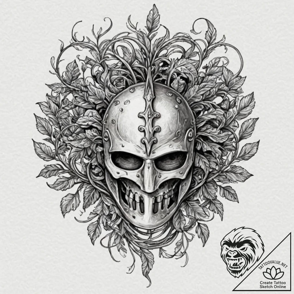 Etched vines consuming helm, artistic tattoo... - tattoo sketch (№1753286825_0, 23.07.2025 16:07) — tattoovalue.net