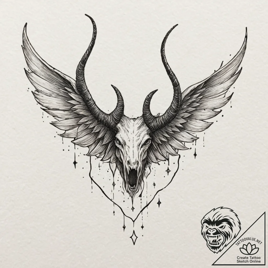 Horned wings devouring starlight, ink illustr... - tattoo sketch (№1753287014_0, 23.07.2025 16:10) — tattoovalue.net