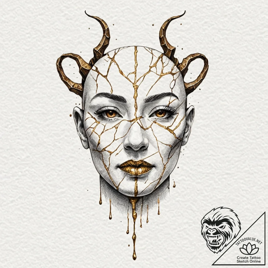 Kintsugi mask with golden cracks, ink illustr... - tattoo sketch (№1753287194_0, 23.07.2025 16:13) — tattoovalue.net