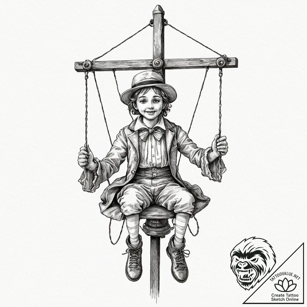 Marionette with cut strings, concept art for... - tattoo sketch (№1753287378_0, 23.07.2025 16:16) — tattoovalue.net