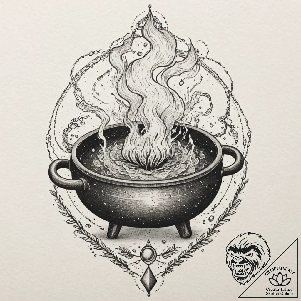 Alchemy cauldron with spectral smoke, tattoo... - tattoo sketch (№1753287818_0, 23.07.2025 16:23) — tattoovalue.net