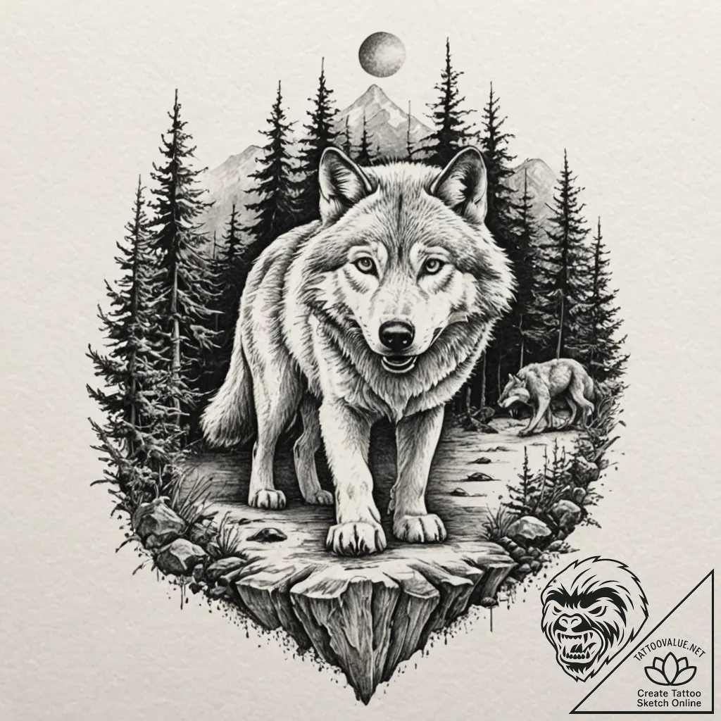 Paw print of a wolf, containing a forest scen... - tattoo sketch (№1753288161_0, 23.07.2025 16:29) — tattoovalue.net
