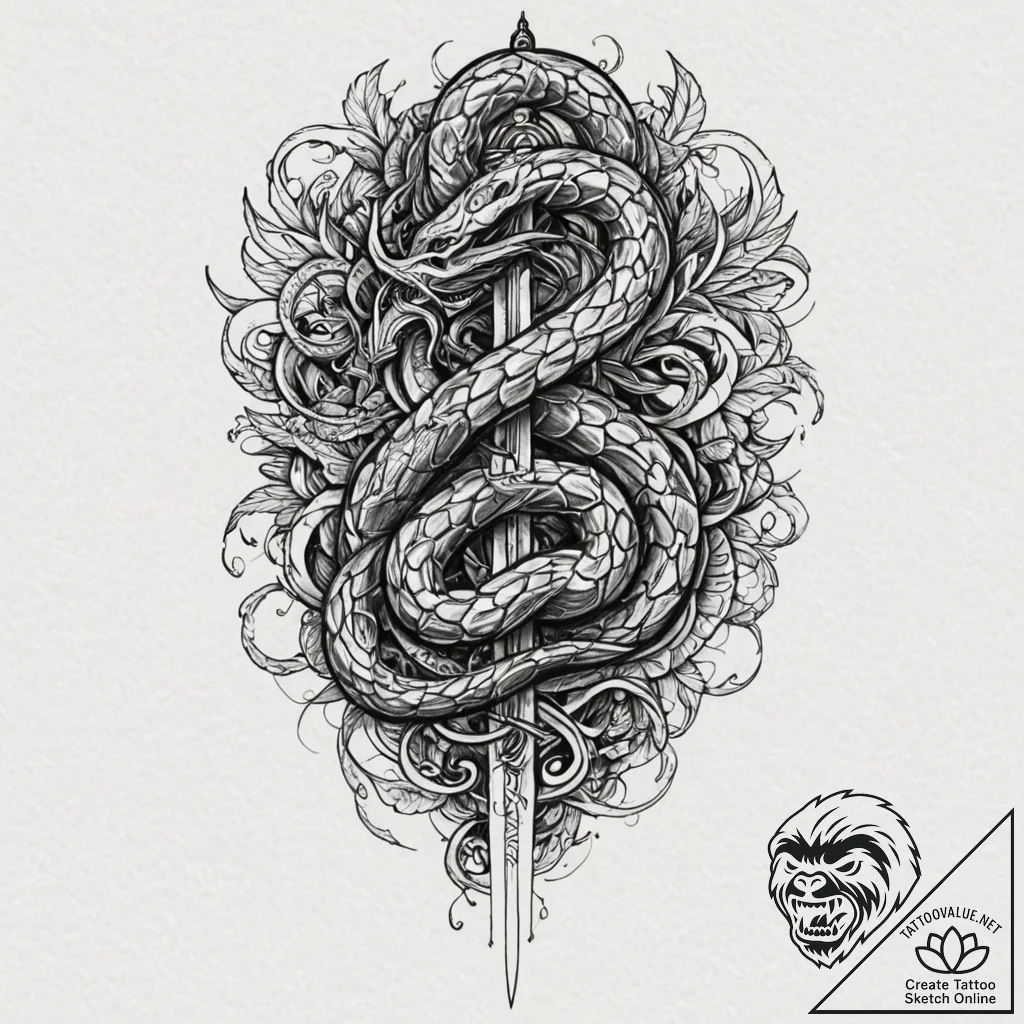 Knotwork serpent wrapping around sword, ink i... - tattoo sketch (№1753288606_0, 23.07.2025 16:36) — tattoovalue.net