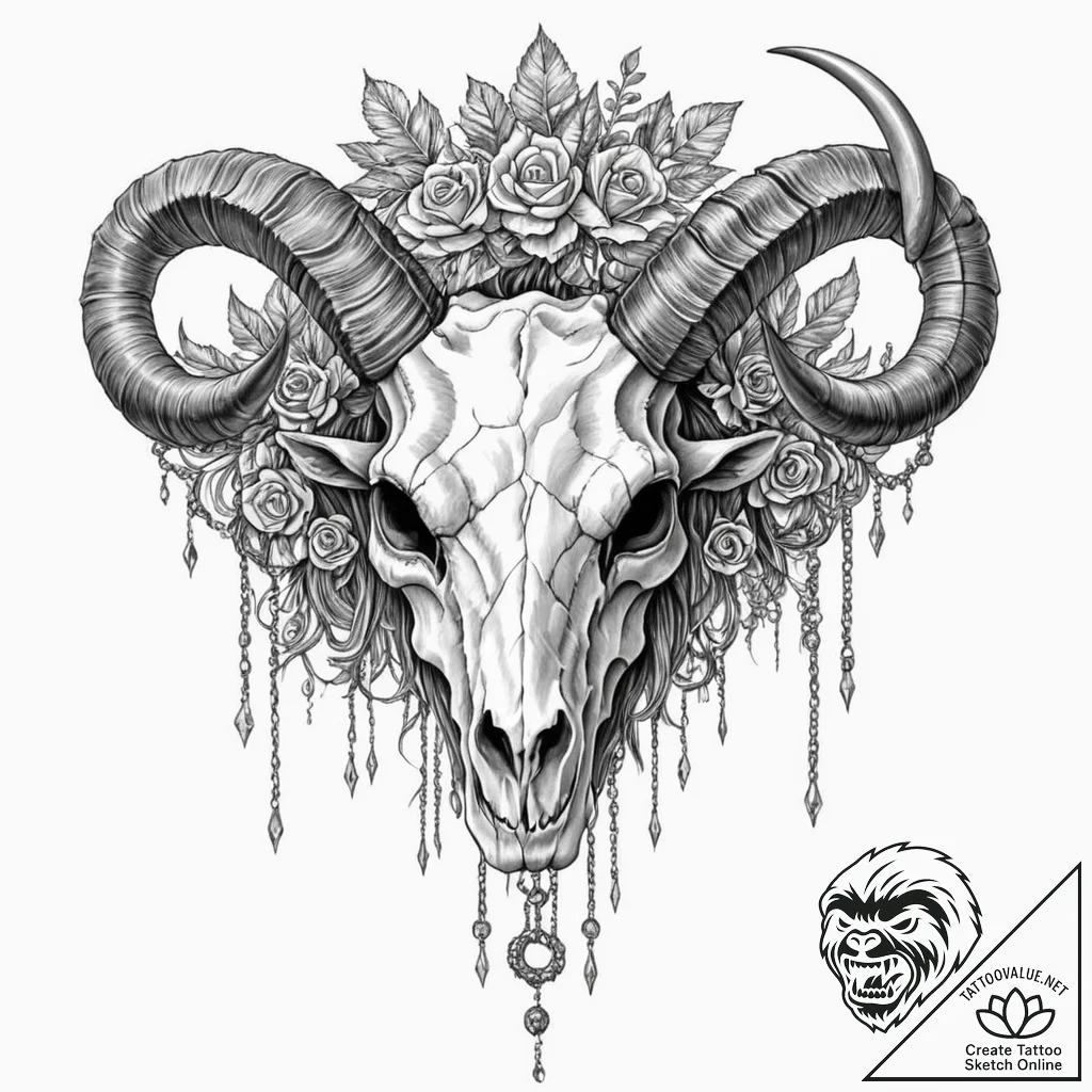 Goat skull adorned with jewels and hanging ch... - tattoo sketch (№1753288780_0, 23.07.2025 16:39) — tattoovalue.net
