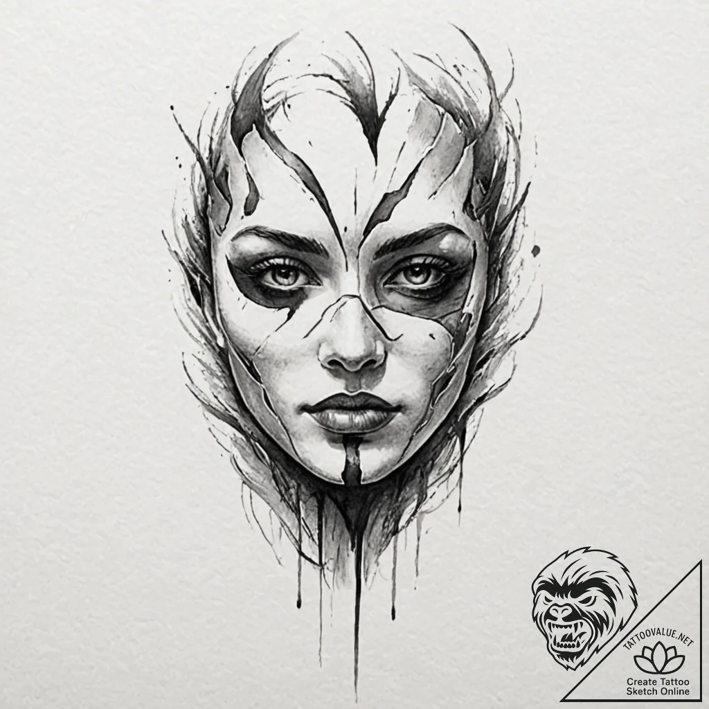 A detailed broken mask, revealed,, artistic t... - tattoo sketch (№1753289037_0, 23.07.2025 16:43) — tattoovalue.net