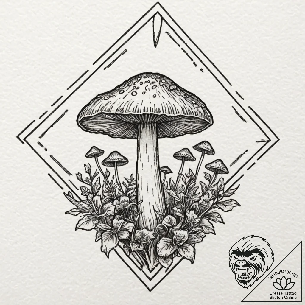 Mushroom bloom through iron lattice, tattoo s... - tattoo sketch (№1753289199_0, 23.07.2025 16:46) — tattoovalue.net