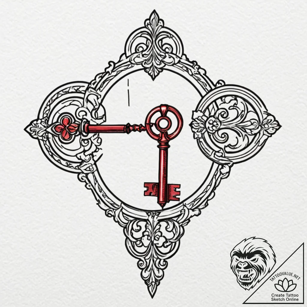 Crystal key unlocking hidden gate, tattoo lin... - tattoo sketch (№1753289585_0, 23.07.2025 16:53) — tattoovalue.net