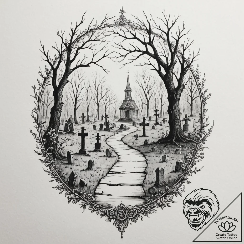 A graveyard scene with fog, tattoo sketch des... - tattoo sketch (№1753290125_0, 23.07.2025 17:02) — tattoovalue.net