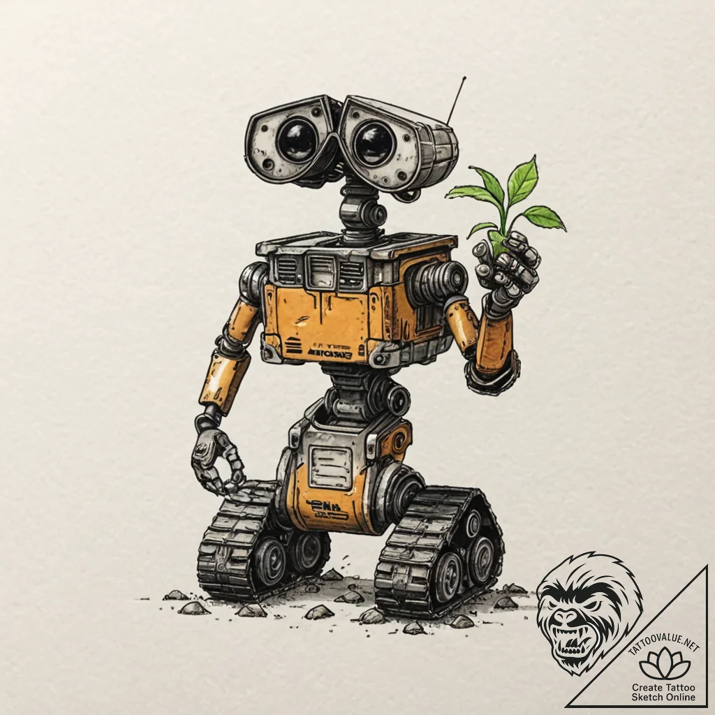 Wall-e, rusted and alone, holding a single, g... - tattoo sketch (№1753290823_0, 23.07.2025 17:13) — tattoovalue.net
