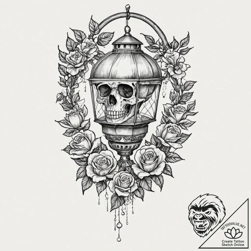 Ruined lantern swinging in wind, artistic tat... - tattoo sketch (№1753291833_0, 23.07.2025 17:30) — tattoovalue.net