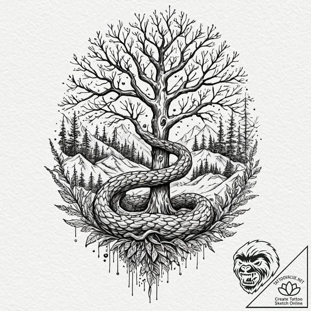 Glacial serpent beneath spectral tree, concep... - tattoo sketch (№1753292351_0, 23.07.2025 17:39) — tattoovalue.net
