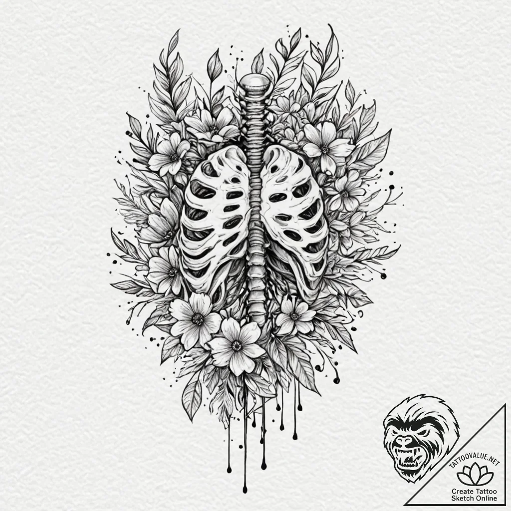 Ribcage filled with a bouquet of lush, bloomi... - tattoo sketch (№1753292702_0, 23.07.2025 17:45) — tattoovalue.net