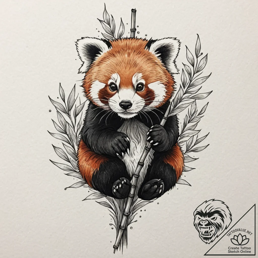 A red panda on a bamboo stalk, tattoo flash s... - tattoo sketch (№1753293141_0, 23.07.2025 17:52) — tattoovalue.net