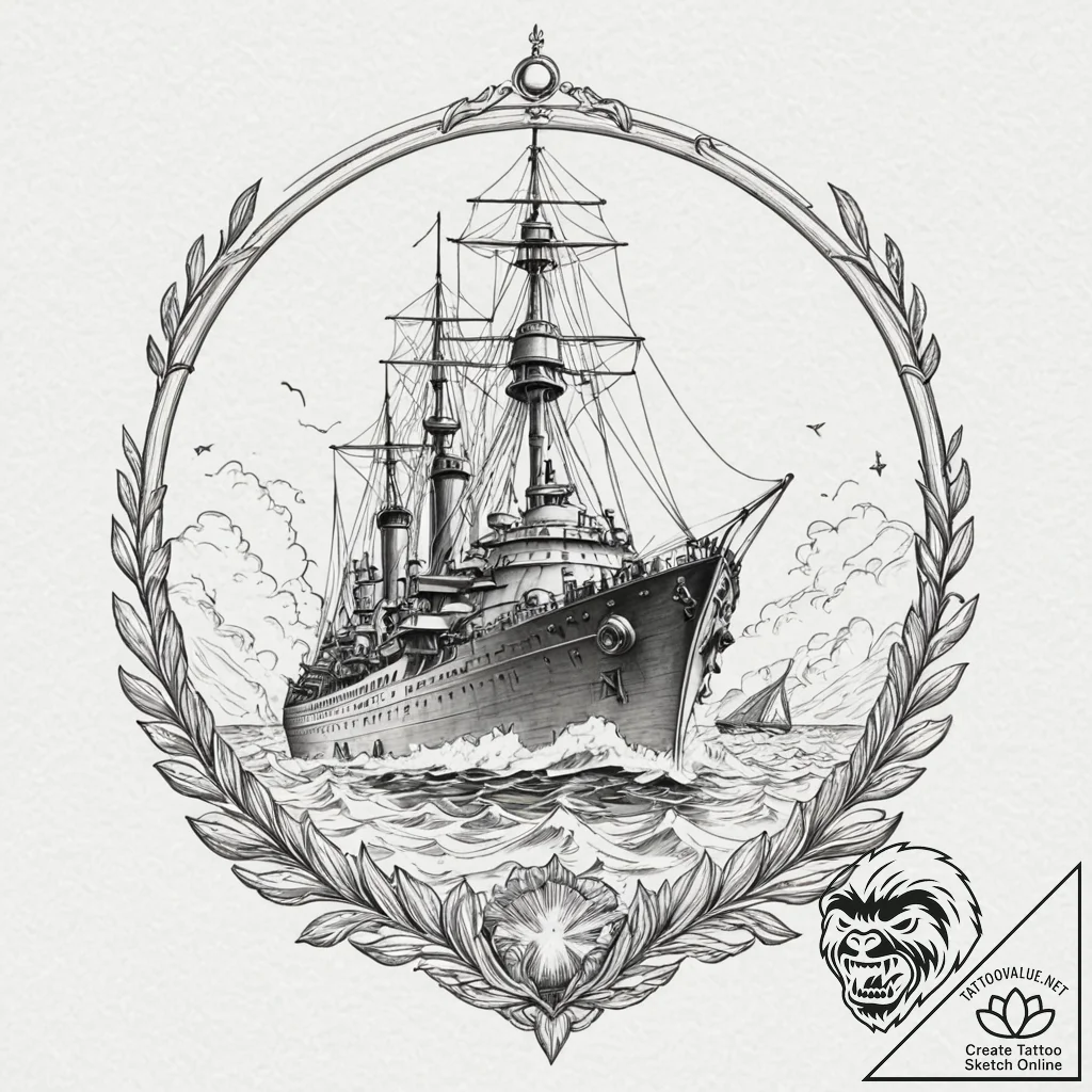 Battleship firing a broadside, with shells of... - tattoo sketch (№1753293219_0, 23.07.2025 17:53) — tattoovalue.net
