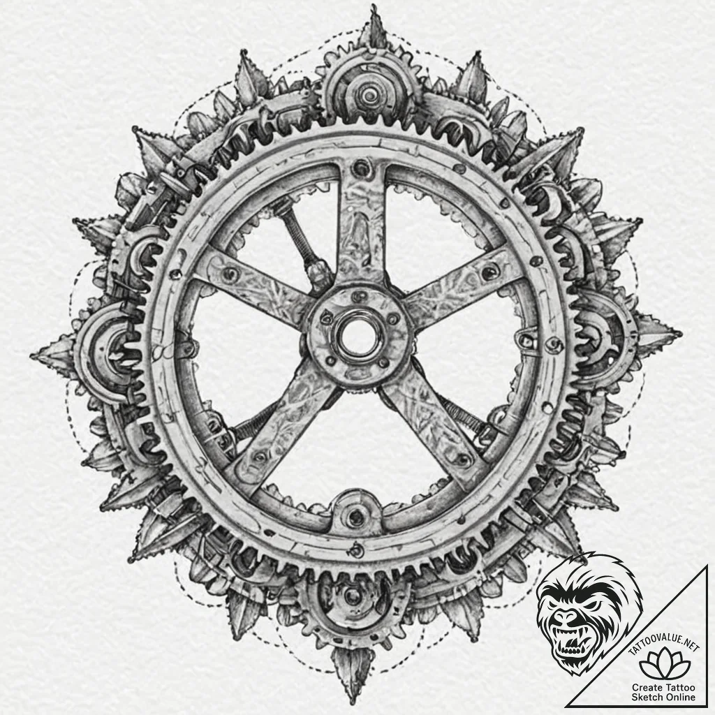 Machinist's caliper measuring a gear, with pe... - tattoo sketch (№1753294159_0, 23.07.2025 18:09) — tattoovalue.net