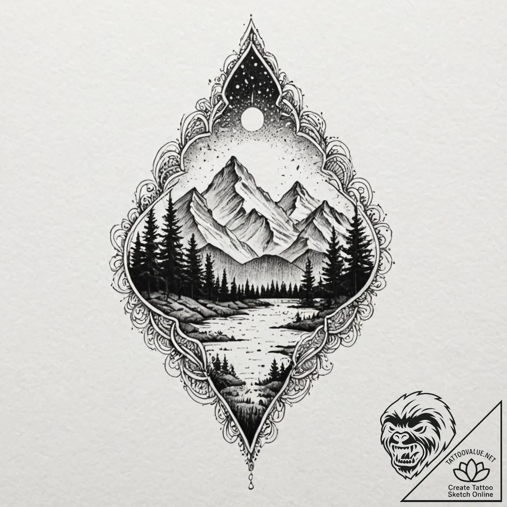 Teardrop containing a tiny, detailed landscap... - tattoo sketch (№1753294242_0, 23.07.2025 18:10) — tattoovalue.net
