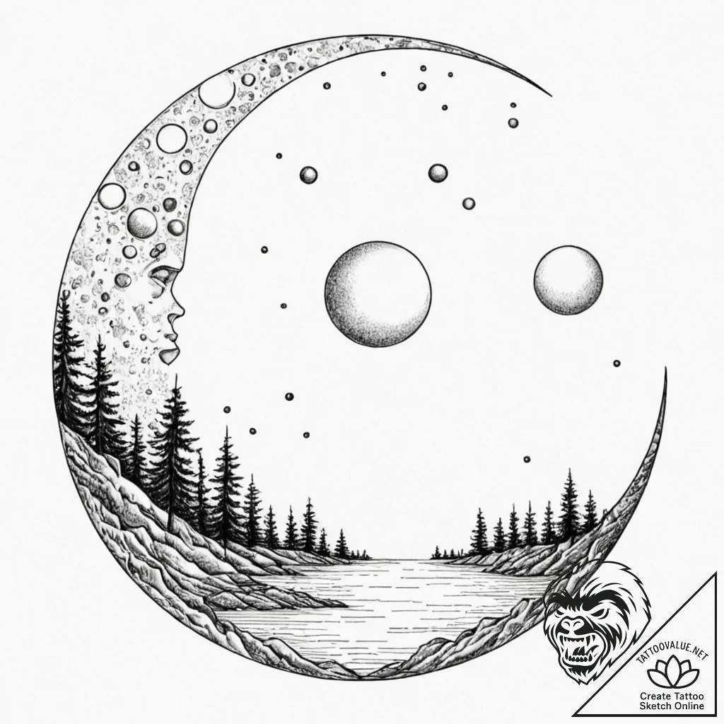 Water mirror reflecting twin moons, ink illus... - tattoo sketch (№1753294344_0, 23.07.2025 18:12) — tattoovalue.net