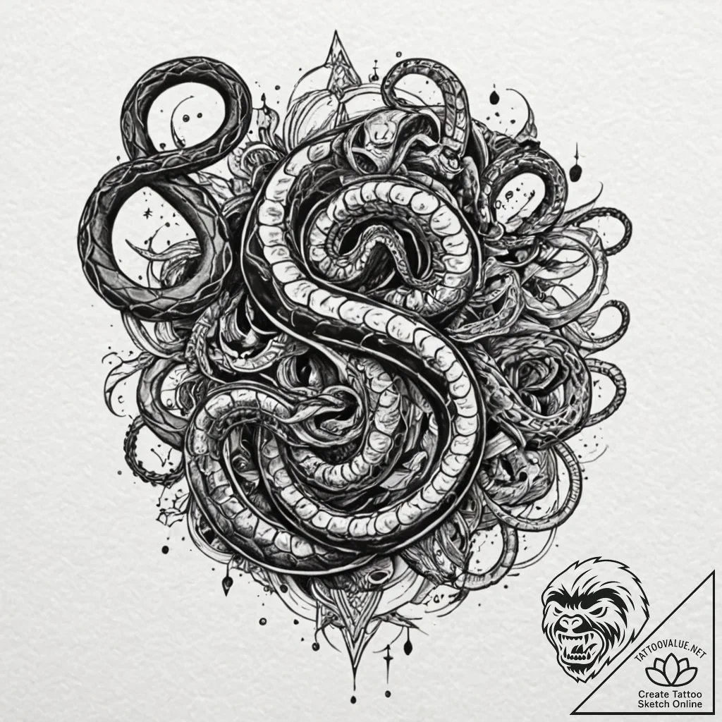Underworld serpent coiling through stars, tat... - tattoo sketch (№1753294690_0, 23.07.2025 18:18) — tattoovalue.net
