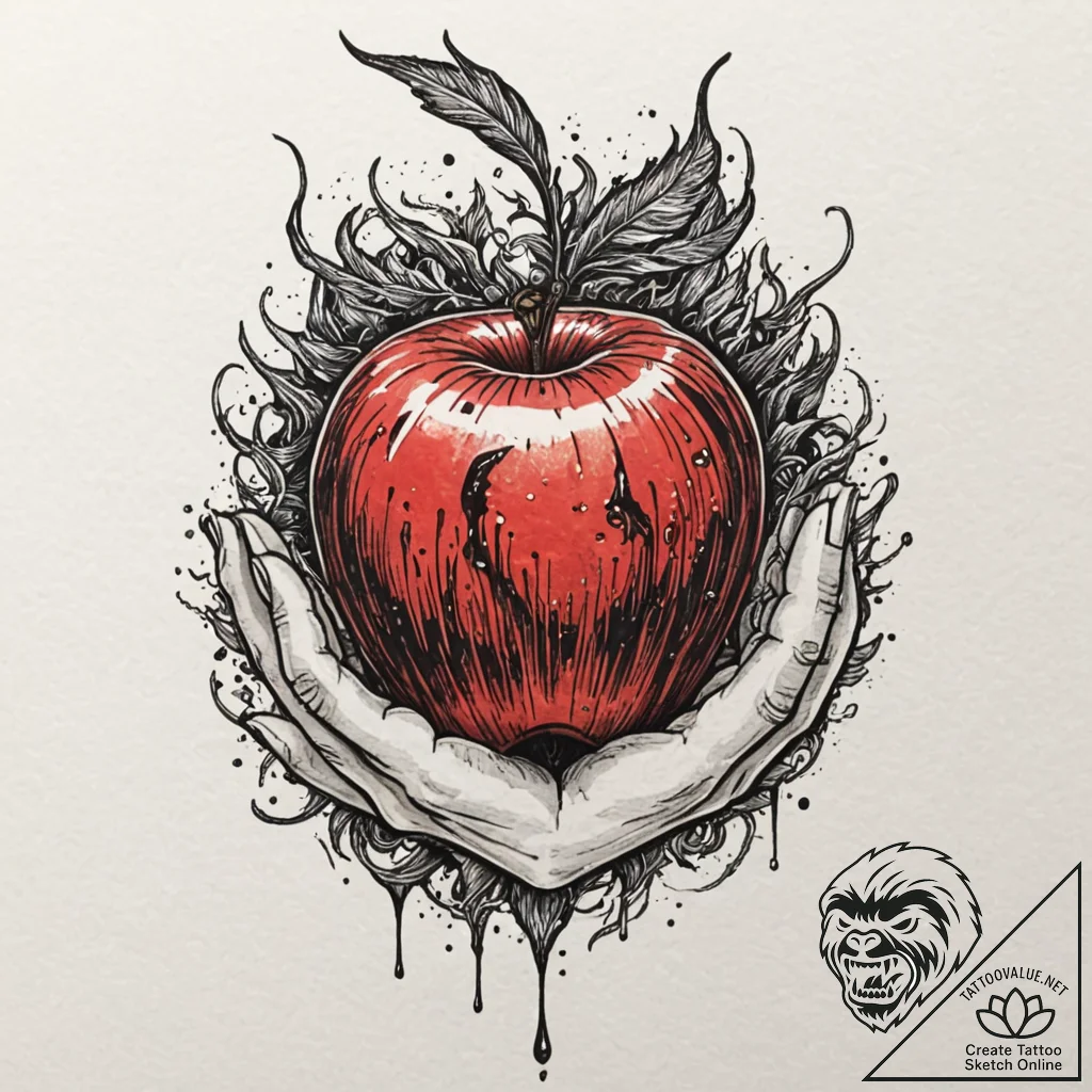 Demon hand offering a cursed, glowing apple,... - tattoo sketch (№1753295309_0, 23.07.2025 18:28) — tattoovalue.net