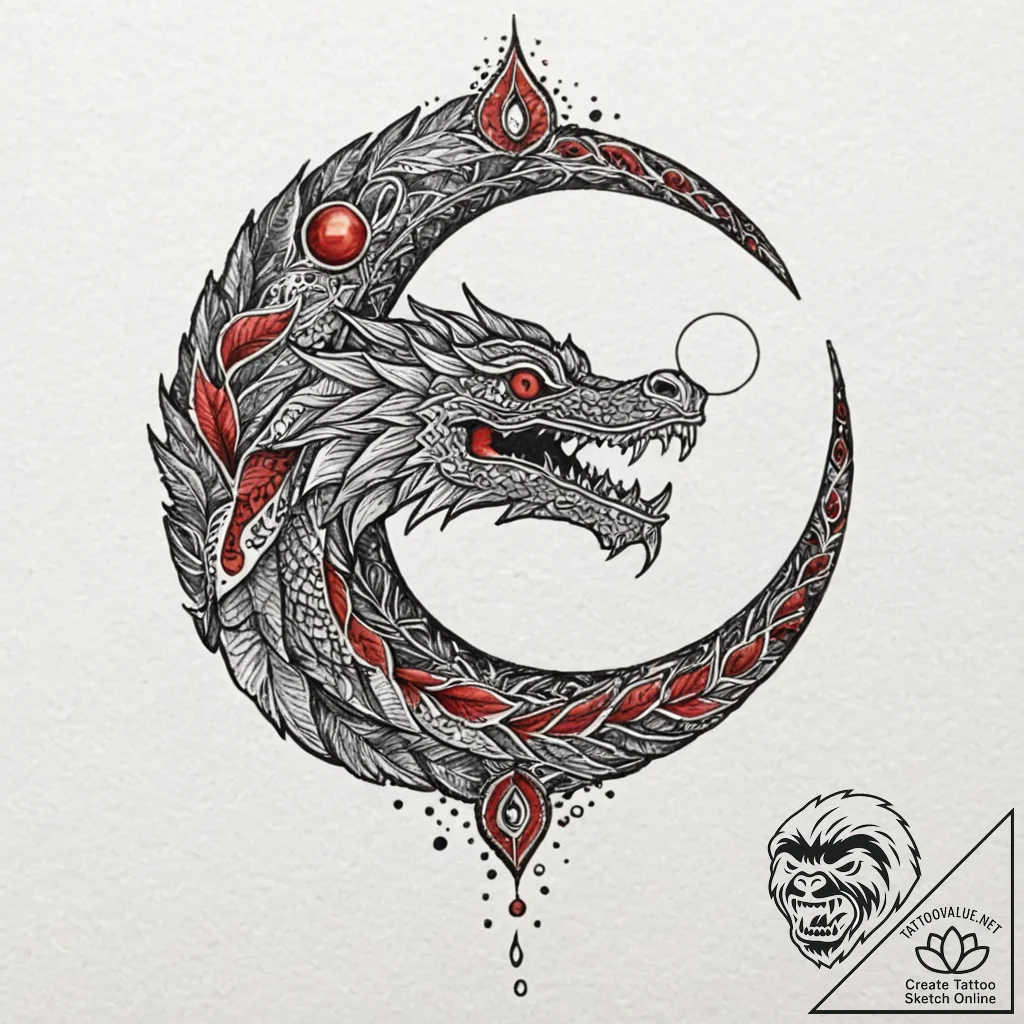 Feathered serpent encircling moon, concept ar... - tattoo sketch (№1753295642_0, 23.07.2025 18:34) — tattoovalue.net