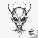 Alien head giving a peace sign, ink illustrat… – tattoo sketch (№1753296304_0, 23.07.2025 18:45) — tattoovalue.net