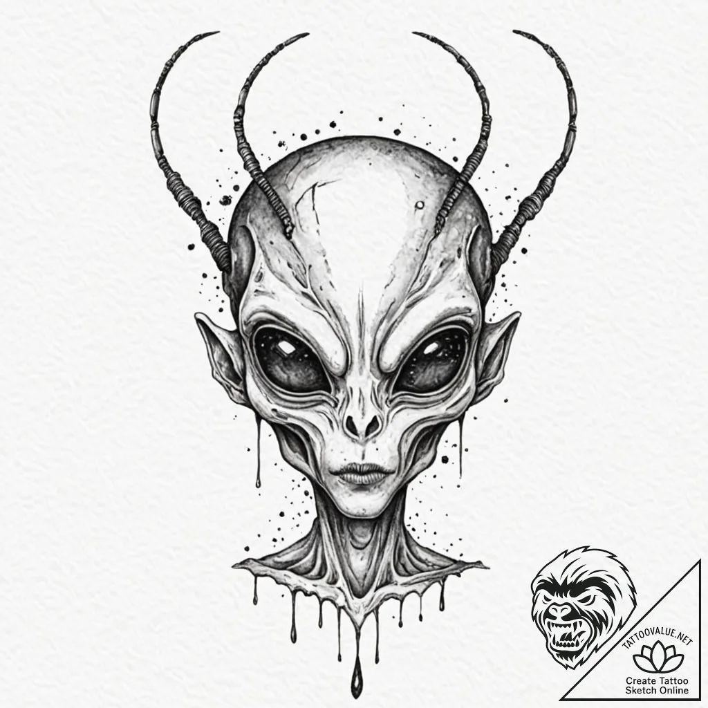 Alien head giving a peace sign, ink illustrat... - tattoo sketch (№1753296304_0, 23.07.2025 18:45) — tattoovalue.net
