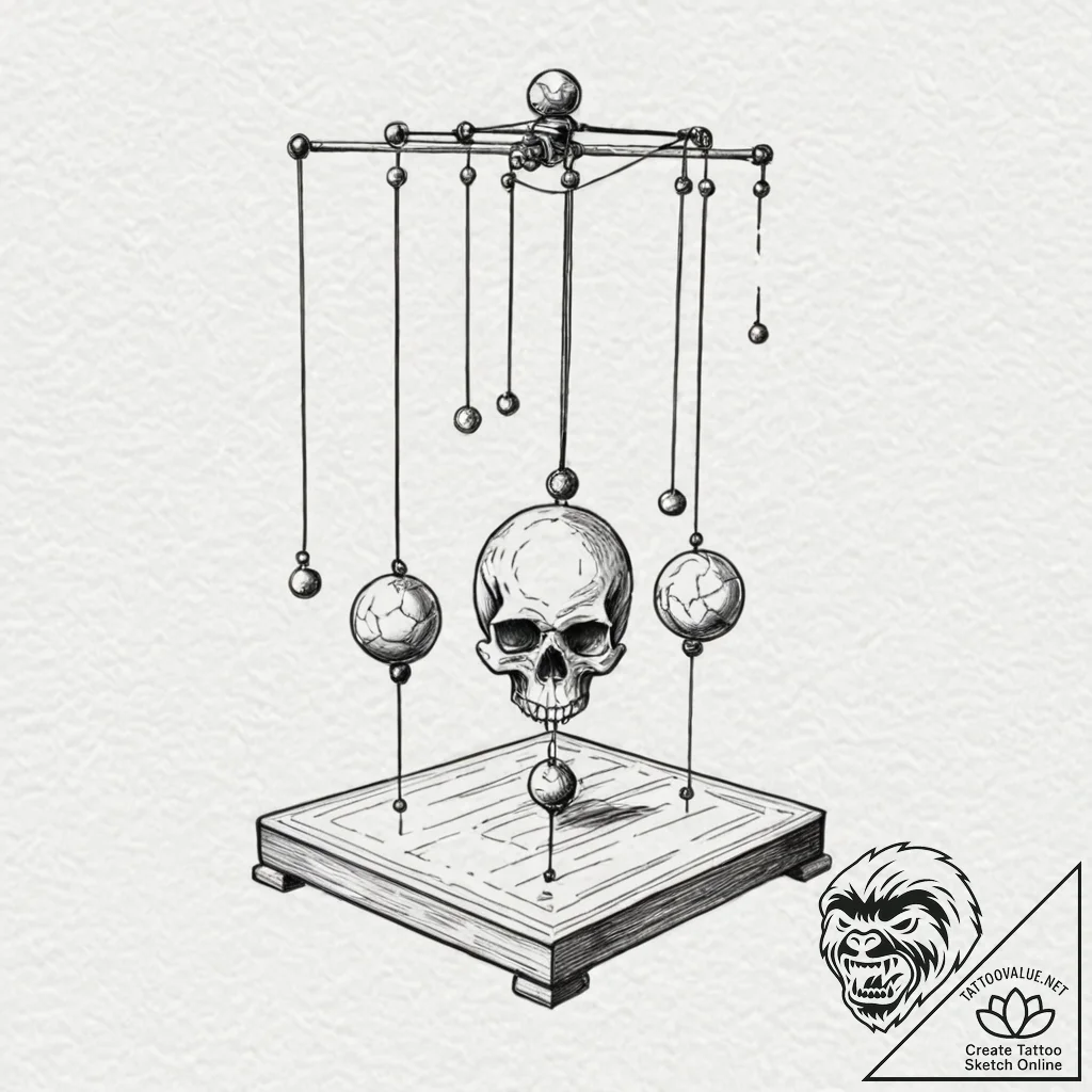 Newton's cradle, but the balls are human skul... - tattoo sketch (№1753297036_0, 23.07.2025 18:57) — tattoovalue.net