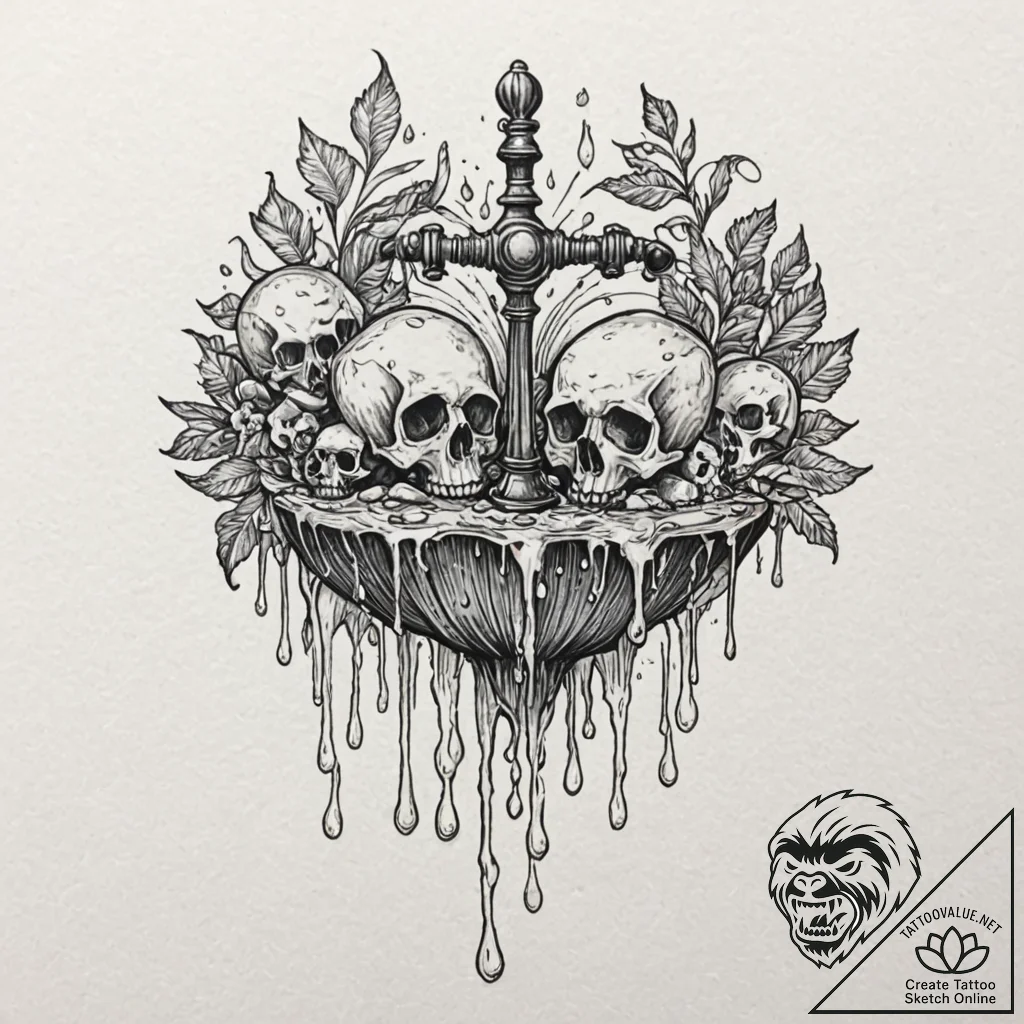 Dripping faucet with drops turning into tiny... - tattoo sketch (№1753297112_0, 23.07.2025 18:58) — tattoovalue.net
