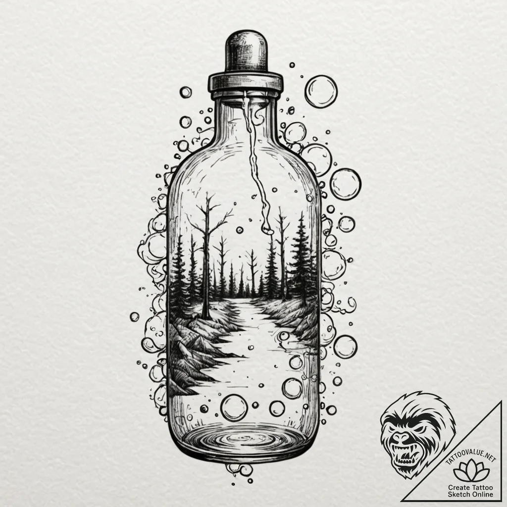 A whimsical bubble in a bottle, trapped,, con... - tattoo sketch (№1753297267_0, 23.07.2025 19:01) — tattoovalue.net