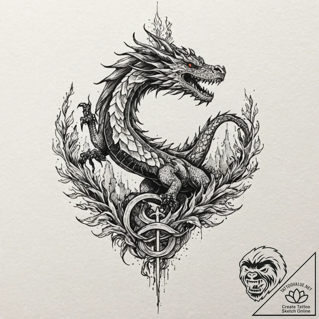 Aurora dragon flying through sky, tattoo line... - tattoo sketch (№1753298299_0, 23.07.2025 19:18) — tattoovalue.net