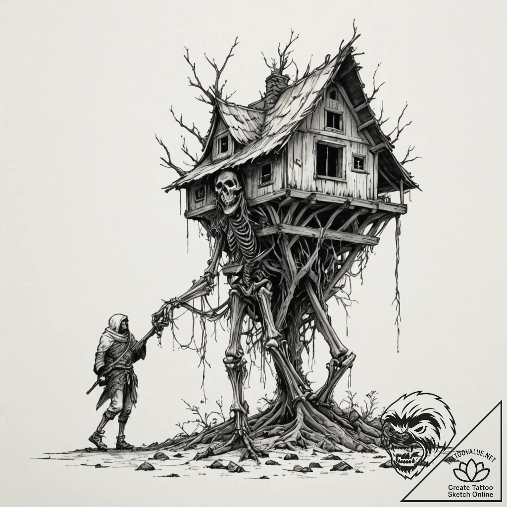Baba yaga's hut walking on skeletal bird legs... - tattoo sketch (№1753298397_0, 23.07.2025 19:19) — tattoovalue.net