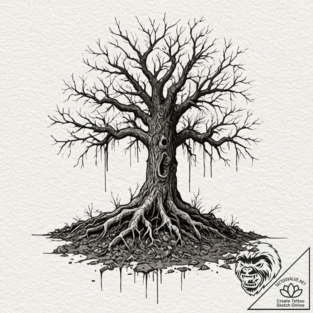 Tree roots binding shattered relic, concept a... - tattoo sketch (№1753298743_0, 23.07.2025 19:25) — tattoovalue.net