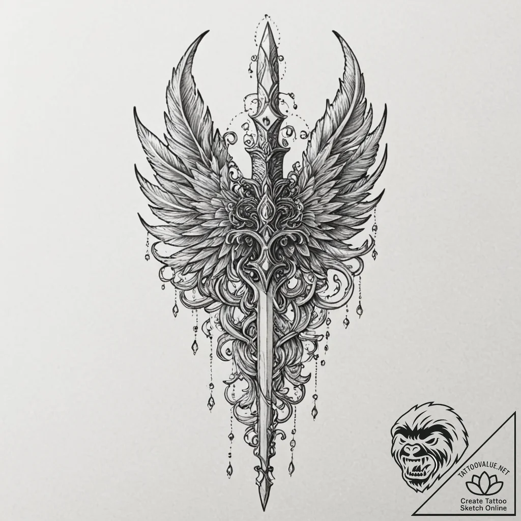 Feathered dagger crowned with bone, tattoo dr... - tattoo sketch (№1753299094_0, 23.07.2025 19:31) — tattoovalue.net