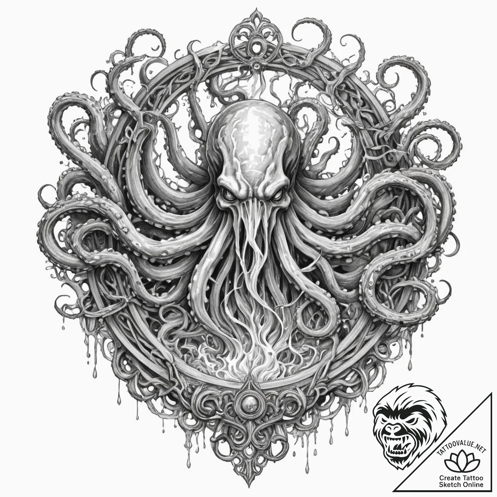 Kraken maw beneath icy gate, ink illustration... - tattoo sketch (№1753300041_0, 23.07.2025 19:47) — tattoovalue.net