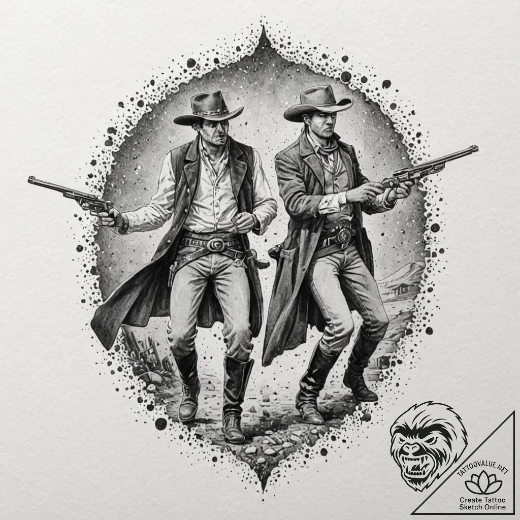 Wild west gunslinger duel, ink illustration f... - tattoo sketch (№1753301345_0, 23.07.2025 20:09) — tattoovalue.net