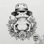 Frog wearing a mushroom cap hat, tattoo line… – tattoo sketch (№1753301888_0, 23.07.2025 20:18) — tattoovalue.net