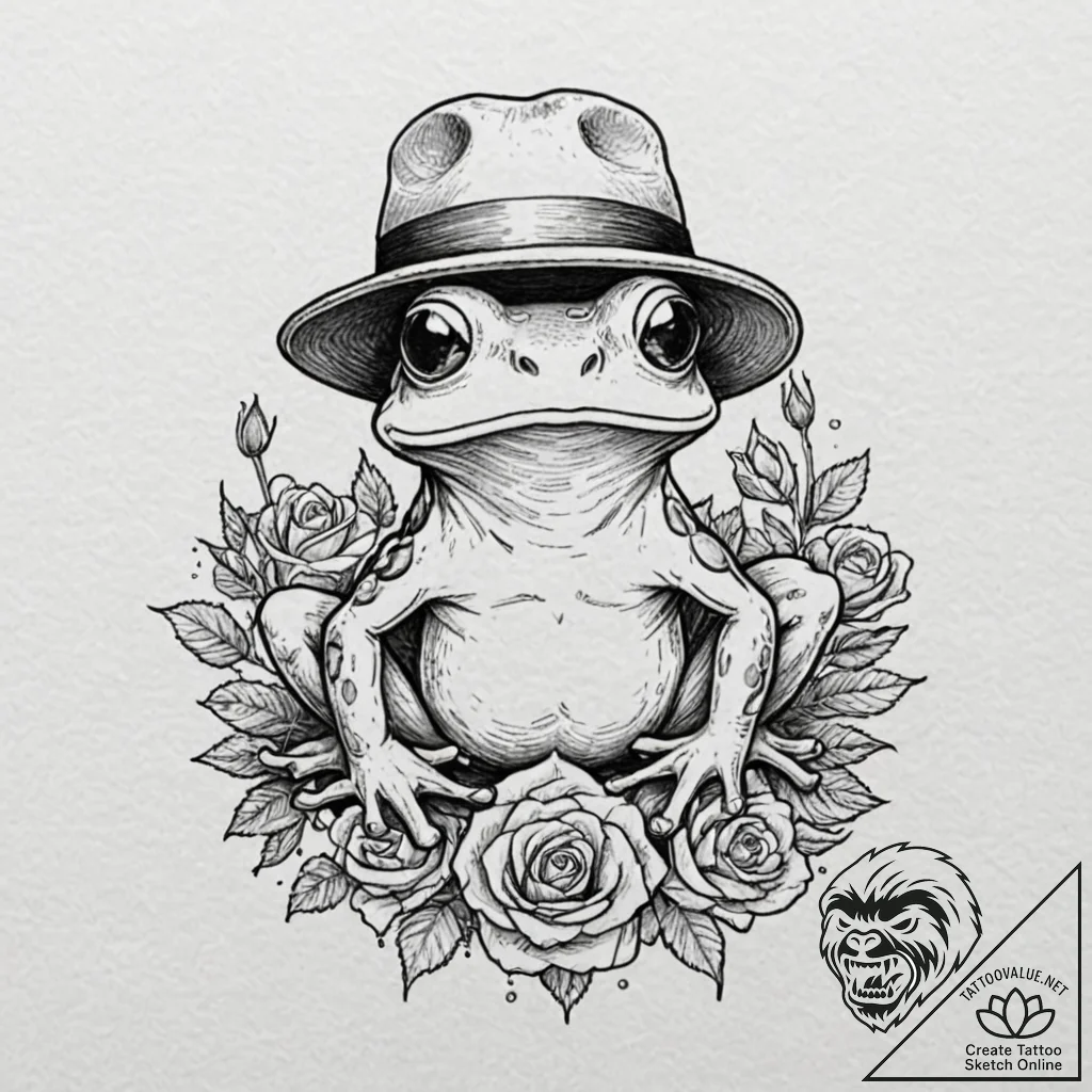 Frog wearing a mushroom cap hat, tattoo line... - tattoo sketch (№1753301888_0, 23.07.2025 20:18) — tattoovalue.net