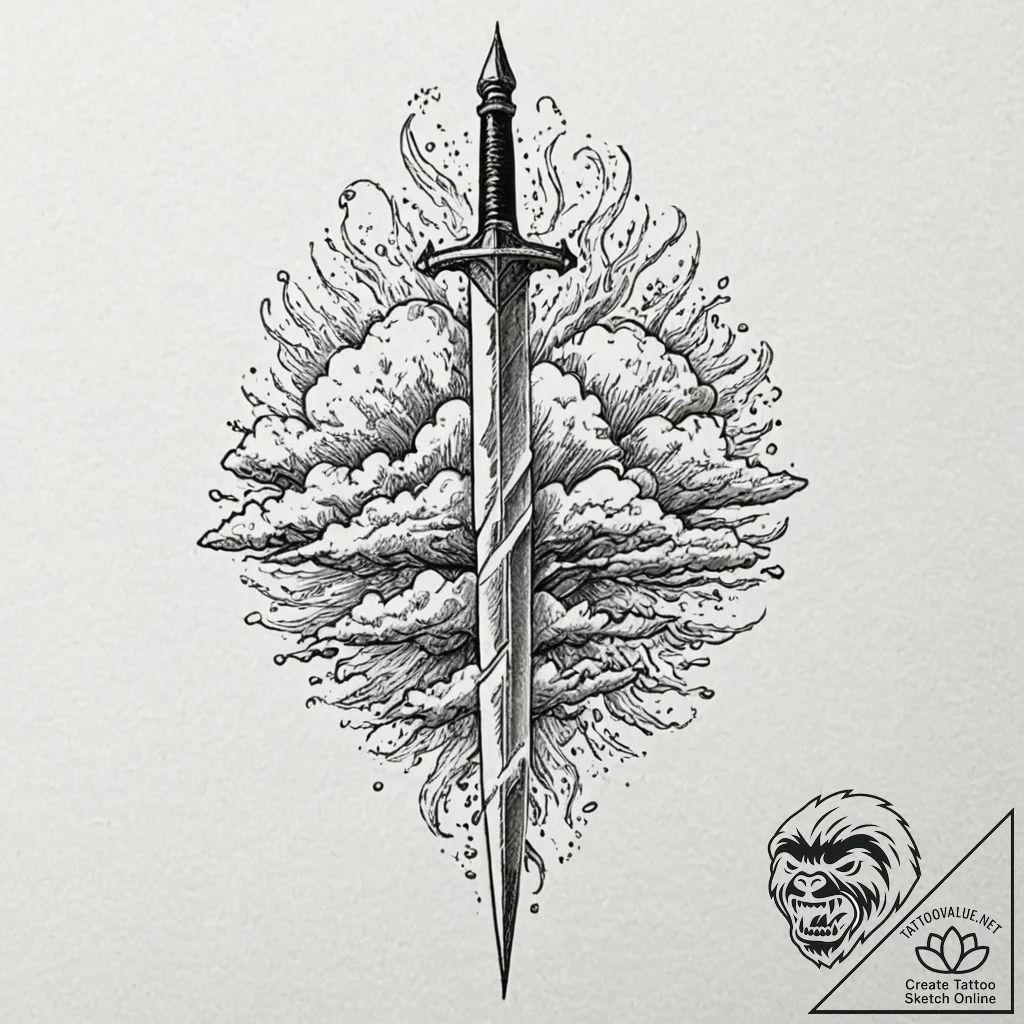 Dagger splitting storm clouds, artistic tatto... - tattoo sketch (№1753302874_0, 23.07.2025 20:34) — tattoovalue.net