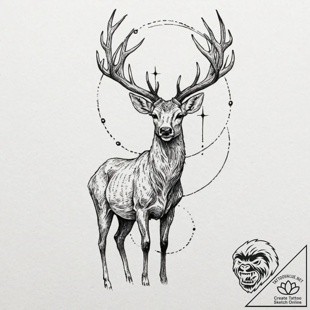 Ethereal deer beneath crimson moon, tattoo li... - tattoo sketch (№1753303129_0, 23.07.2025 20:38) — tattoovalue.net