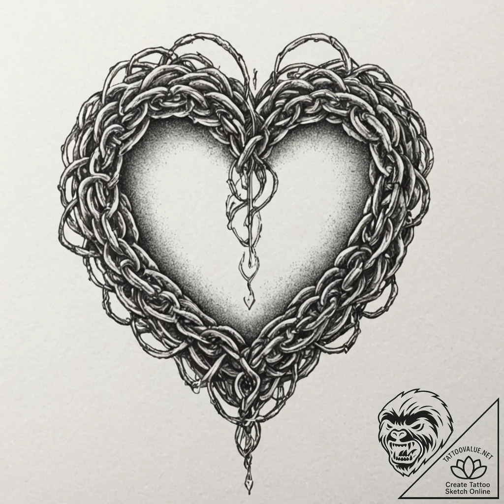 Apocalyptic chains around burning heart, conc... - tattoo sketch (№1753303319_0, 23.07.2025 20:41) — tattoovalue.net