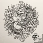 Peonies in full bloom, with a single honeybee… – tattoo sketch (№1753303498_0, 23.07.2025 20:44) — tattoovalue.net