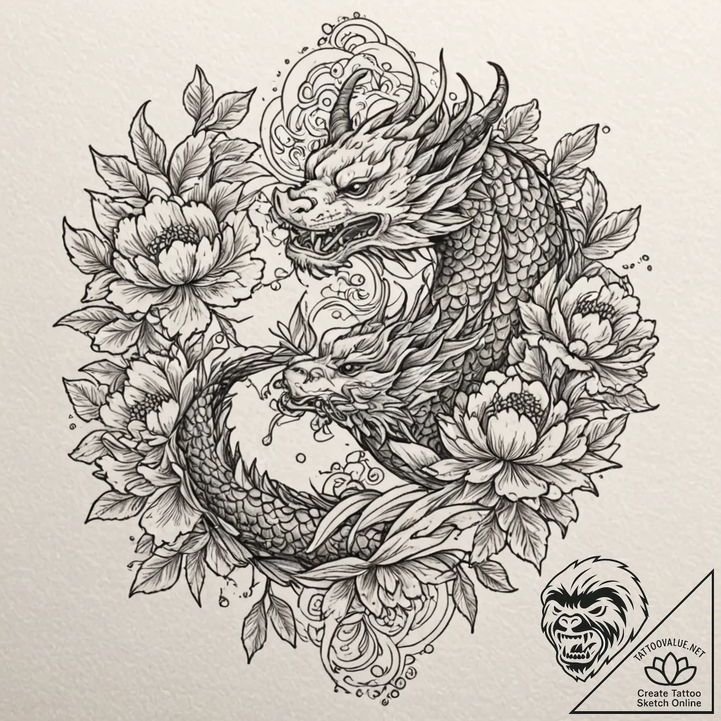 Peonies in full bloom, with a single honeybee... - tattoo sketch (№1753303498_0, 23.07.2025 20:44) — tattoovalue.net