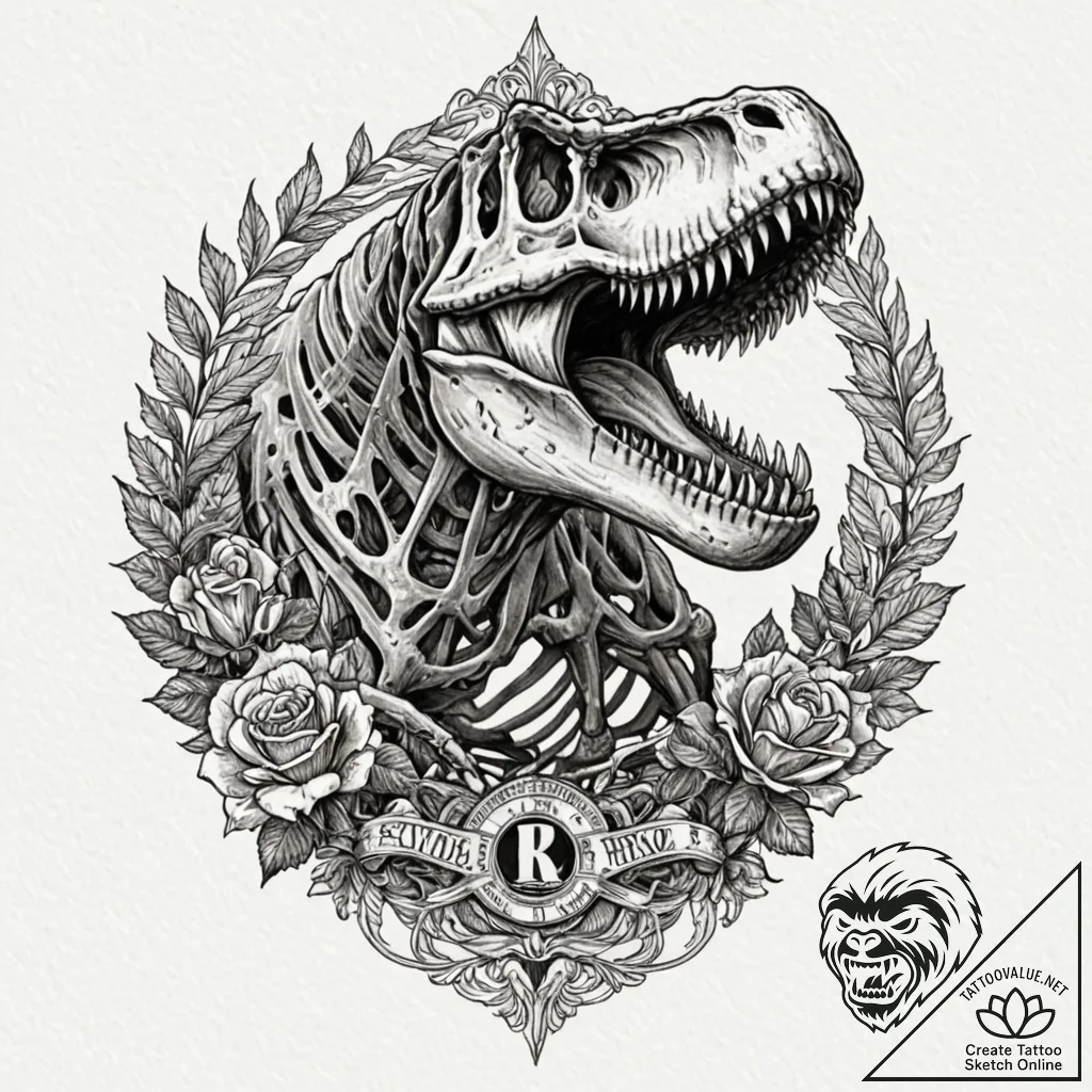 T-rex skeleton, but re-animated and roaring,... - tattoo sketch (№1753303857_0, 23.07.2025 20:50) — tattoovalue.net