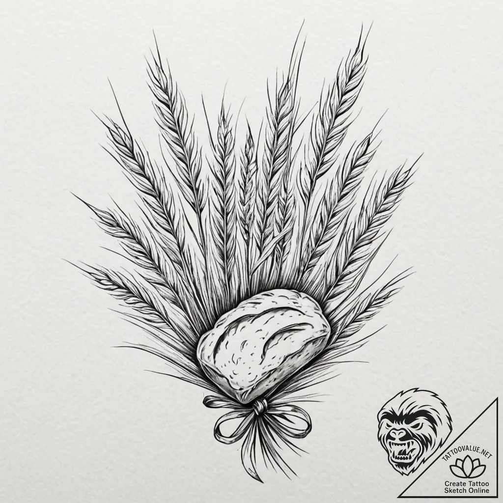 A rustic bread loaf with wheat stalks, artisa... - tattoo sketch (№1753303950_0, 23.07.2025 20:52) — tattoovalue.net