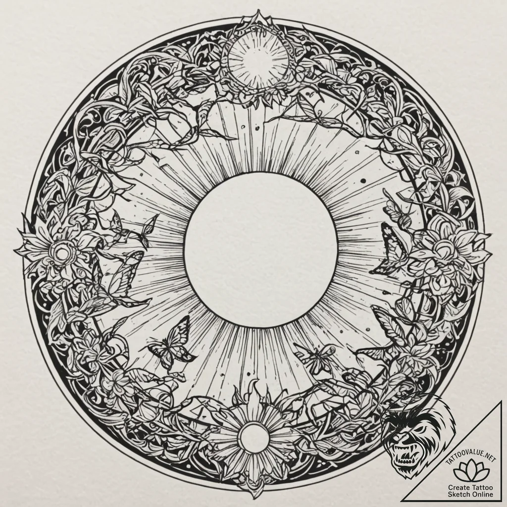 Swarm of moths beneath eclipsed sun, tattoo d... - tattoo sketch (№1753304129_0, 23.07.2025 20:55) — tattoovalue.net