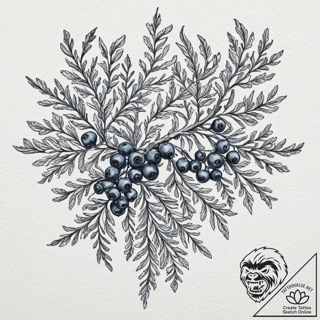 Juniper branch with detailed, blue-grey berri... - tattoo sketch (№1753304475_0, 23.07.2025 21:01) — tattoovalue.net
